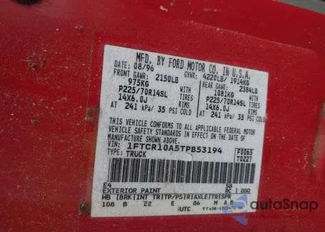 1996 Ford Ranger из США, поврежденный, VIN 1FTCR10A5TPB53194